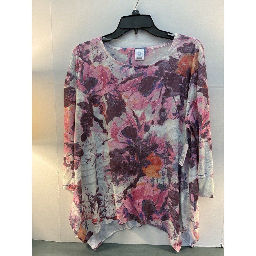 Time & Tru Womens L 12-14 Floral Sharkbite Tunic Top 3/4 Sleeve Boho NWT